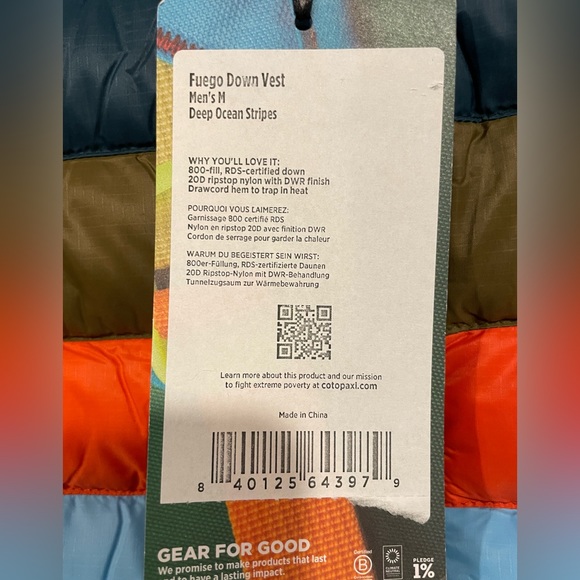 Cotopaxi Fuego Down Vest NWT Men’s M Deep Ocean Stripes Retro Look Gear for Good - Picture 4 of 6